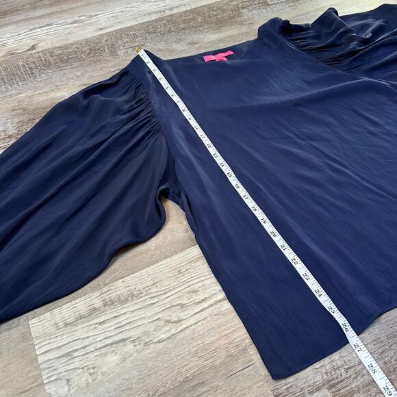 Lilly Pulitzer Navy Blouse Pleated Balloon Sleeve Gold Button Cuffs XL - Picture 7 of 7